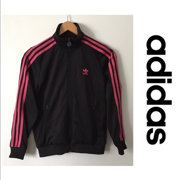 pink adidas jacket with black stripes